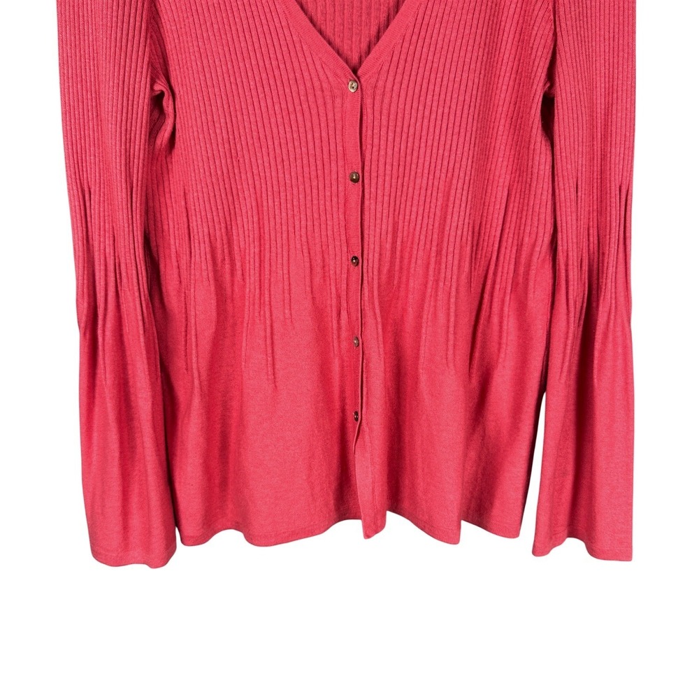 J. Jill Cardigan Sweater Womens L Pink Silk Cotton Ribbed Bell Sleeve V-Neck - Picture 3 of 13